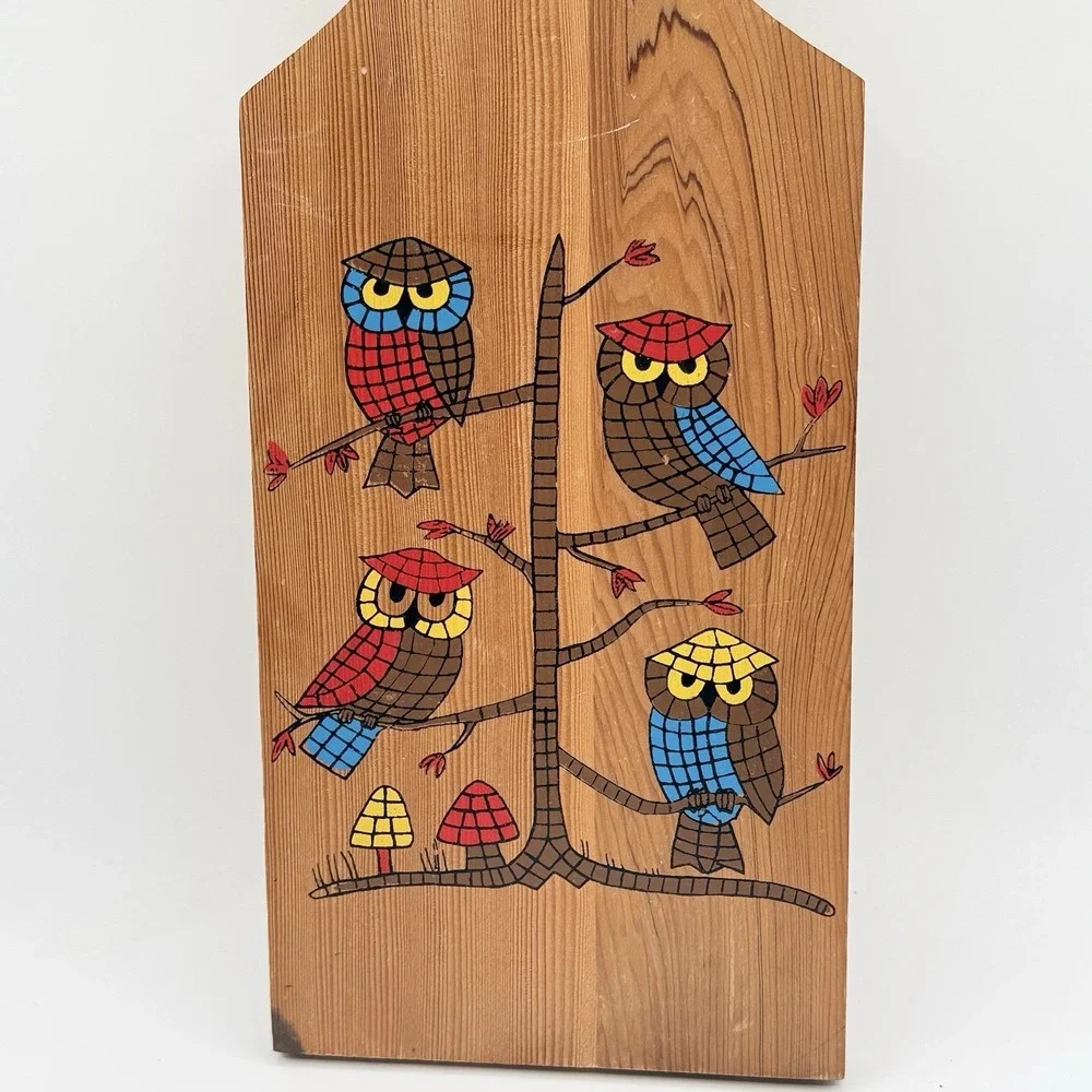 Vitg Owl Mushrooms Wood Cutting Board Folk Art Boho Nevco Kitchen 6